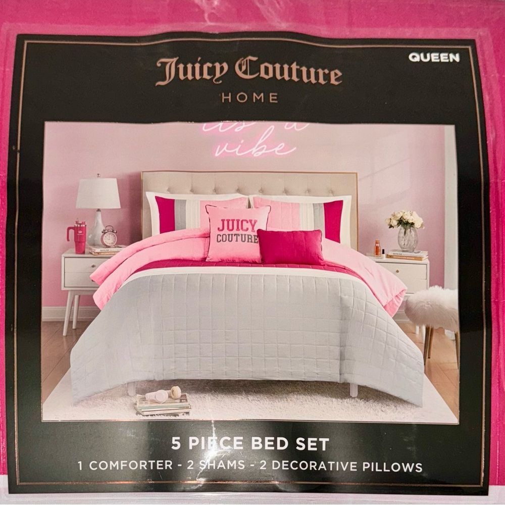 **SOLD** Juicy Couture Home 5PC Pink Gray Color Block Striped Comforter Bed Set - Picture 4 of 16
